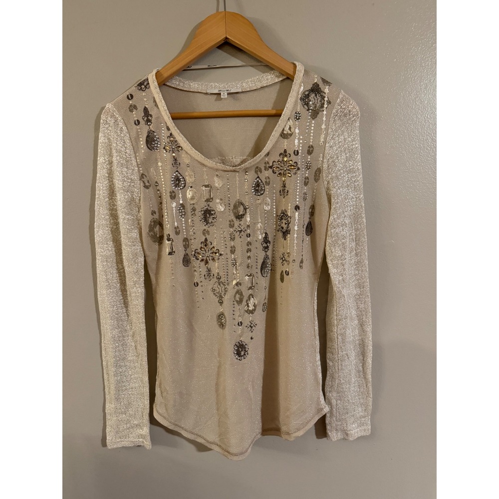 Miss Me Womens Embellished Shimmer Knit Top Beige Rhinestone Long Sleeve Medium